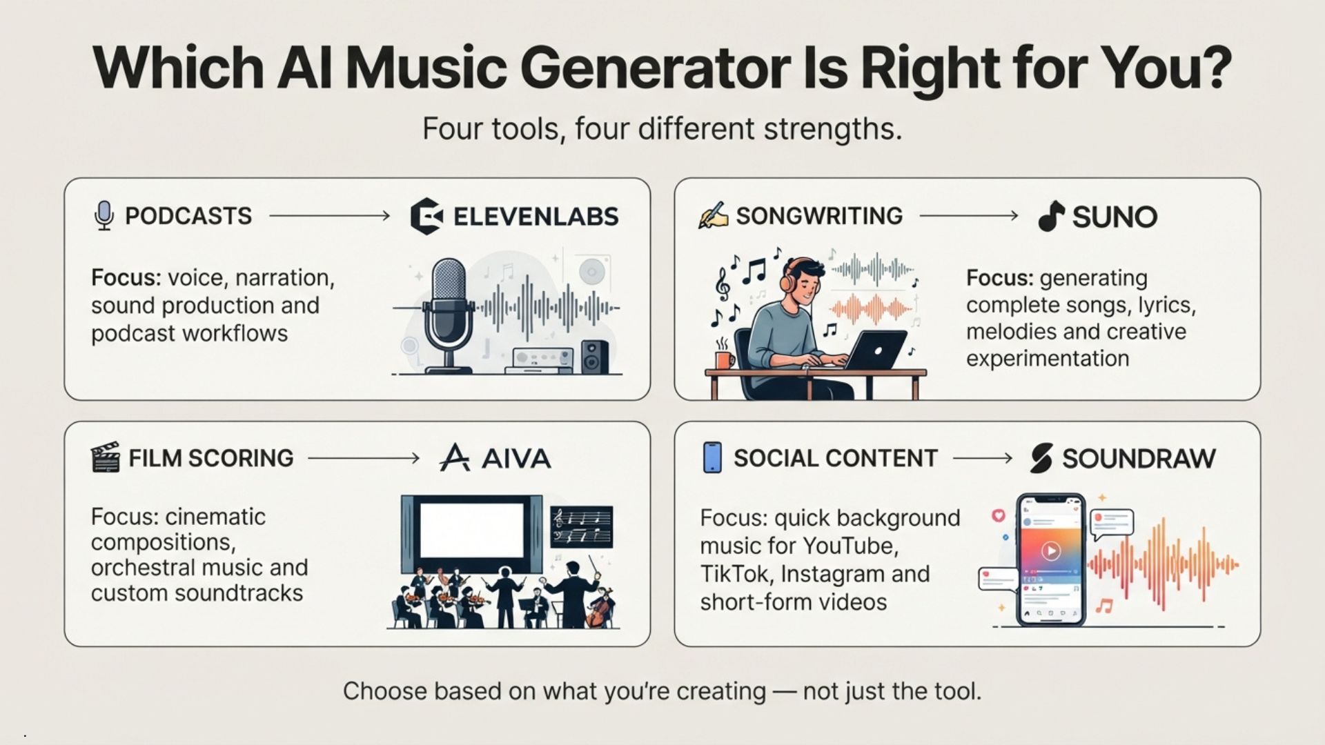 Diagram showing which AI music generator fits each use case — podcast, songwriting, film scoring, and social content