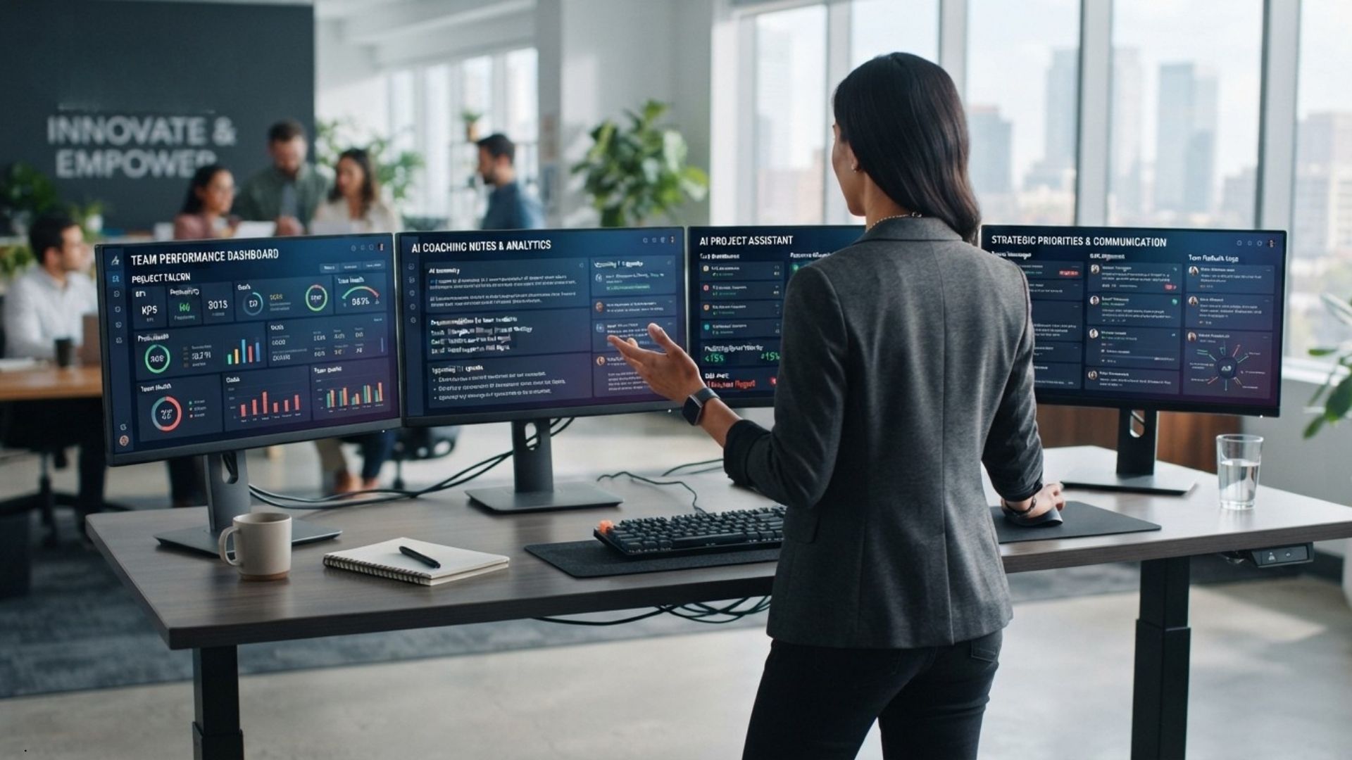 Manager using AI tools at a desk, representing how to avoid AI replacing managers through upskilling