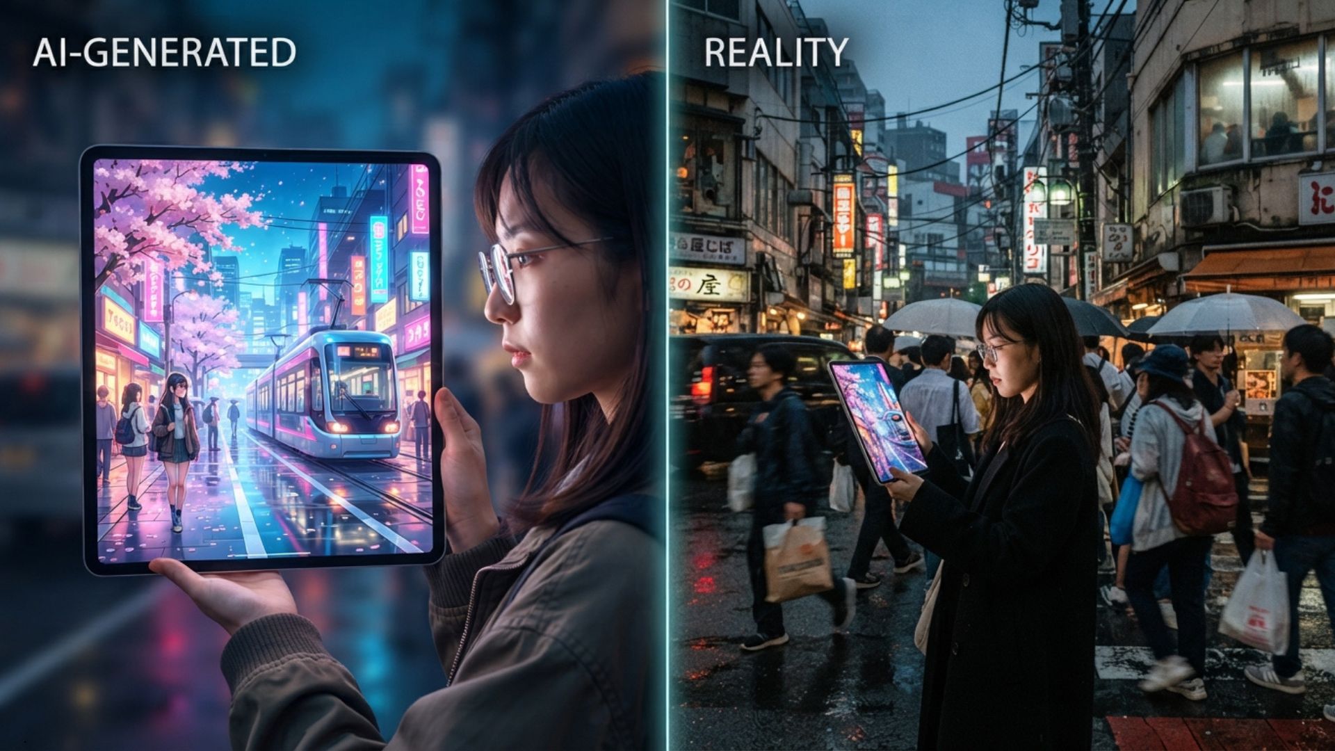Split illustration contrasting AI tool hype vs reality, the core idea behind this evaluation filter