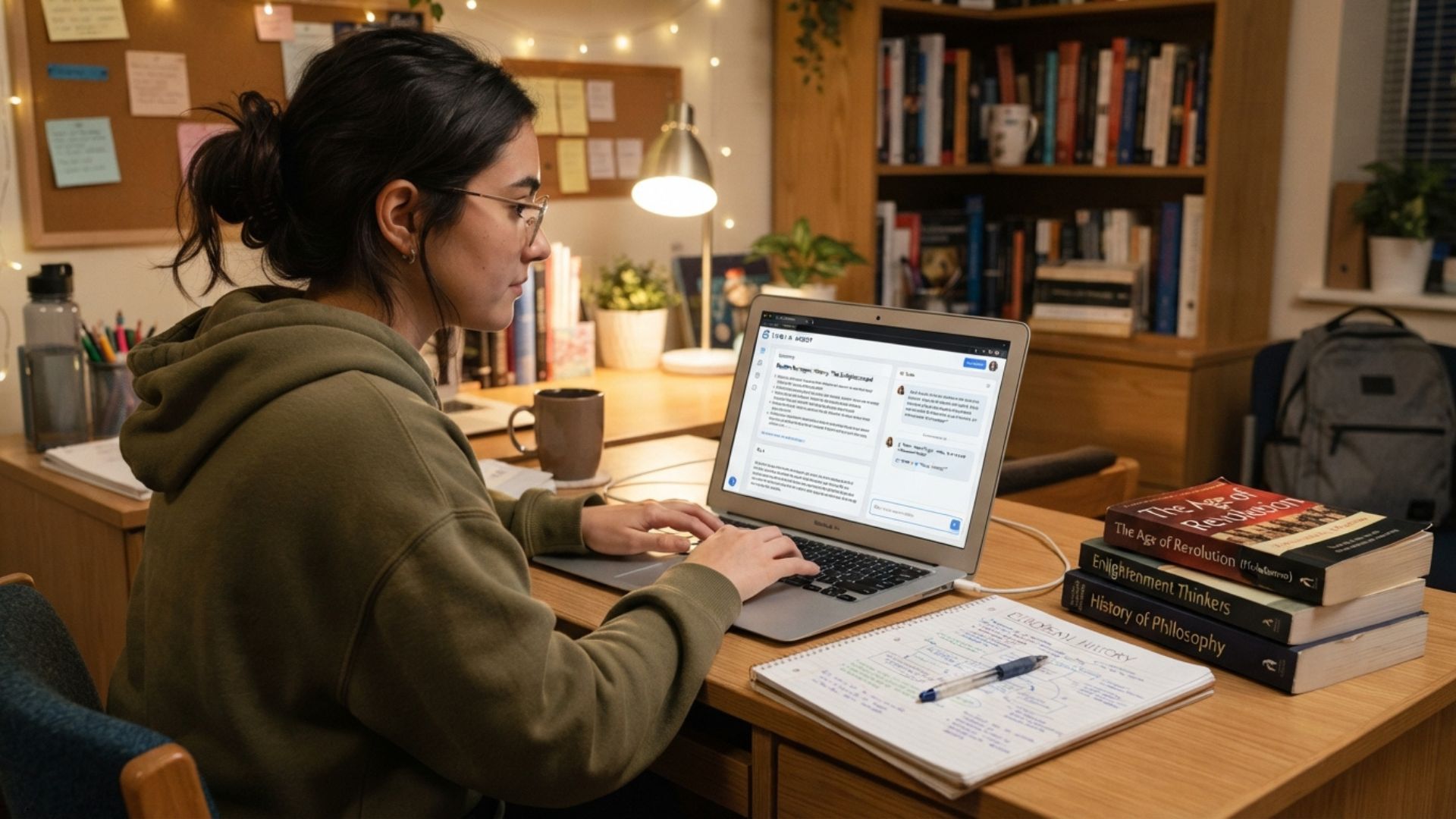 A student studying with AI tools for students open on a laptop, next to a notebook and textbooks