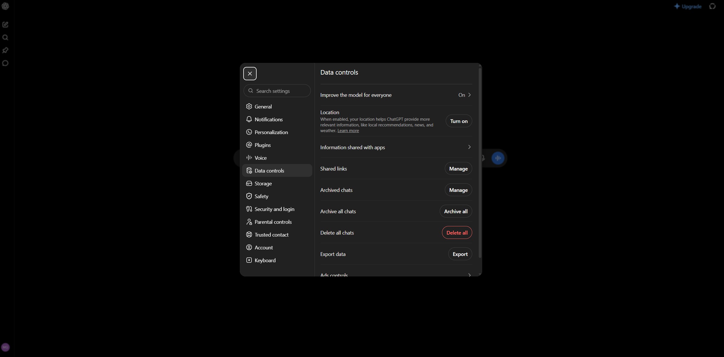 ChatGPT AI privacy settings: Data controls with the Improve the model for everyone toggle