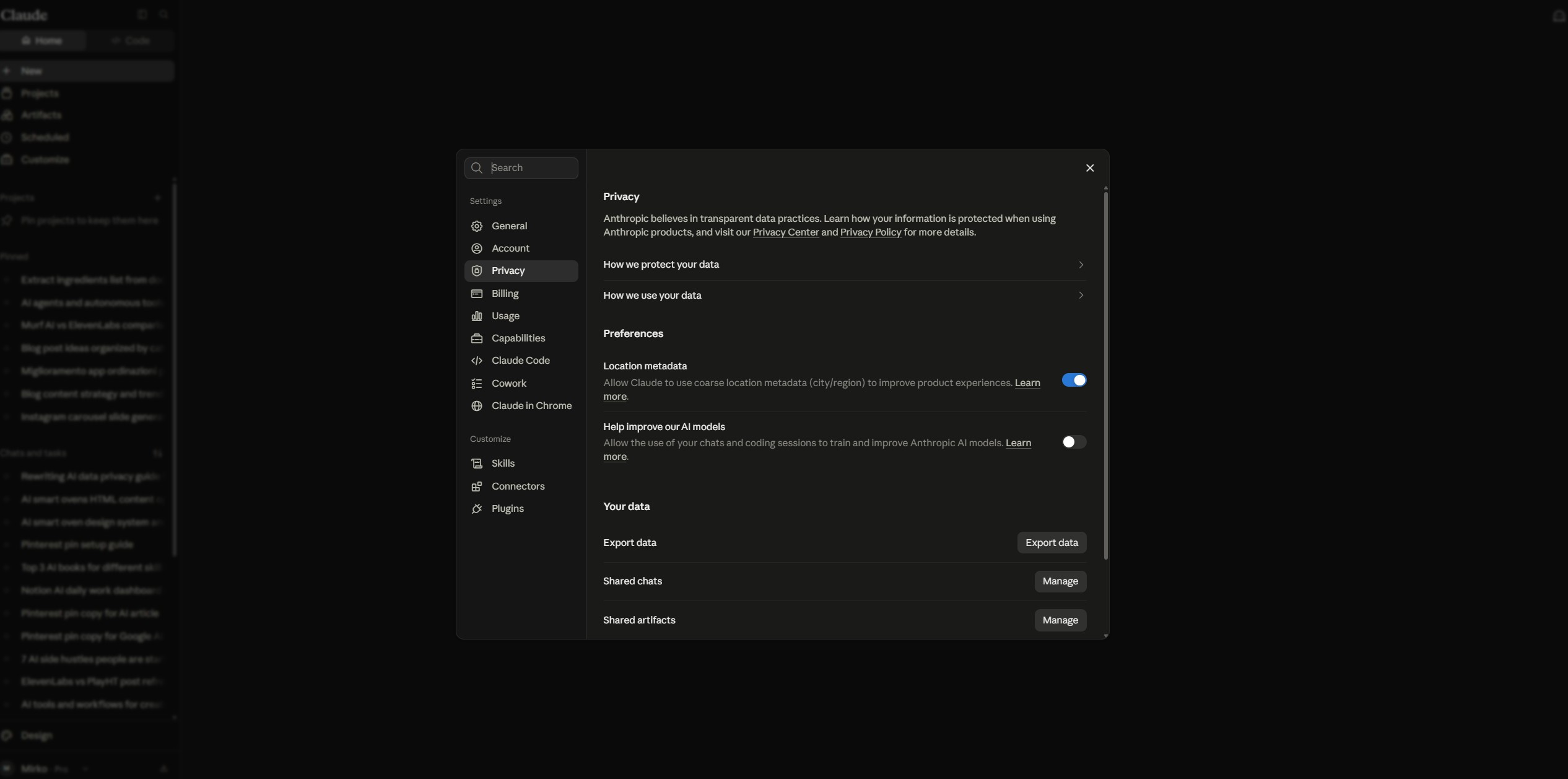 Claude AI privacy settings page with the model training toggle