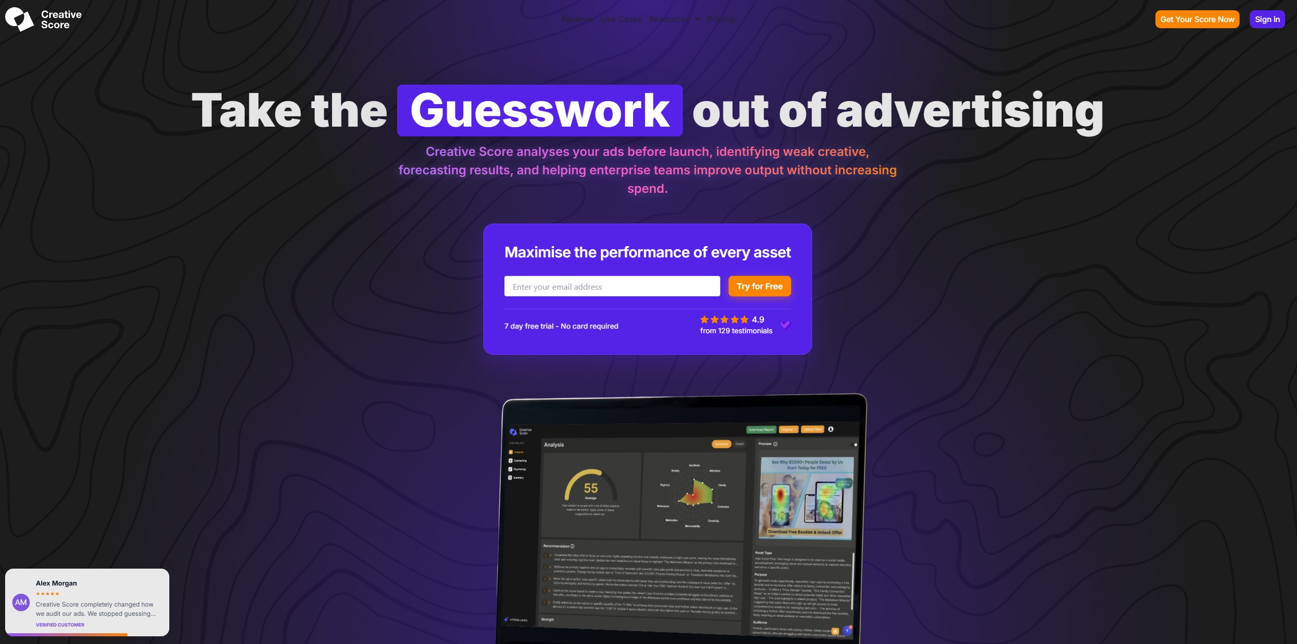 Creative Score AI dashboard showing an ad creative performance score out of 100
