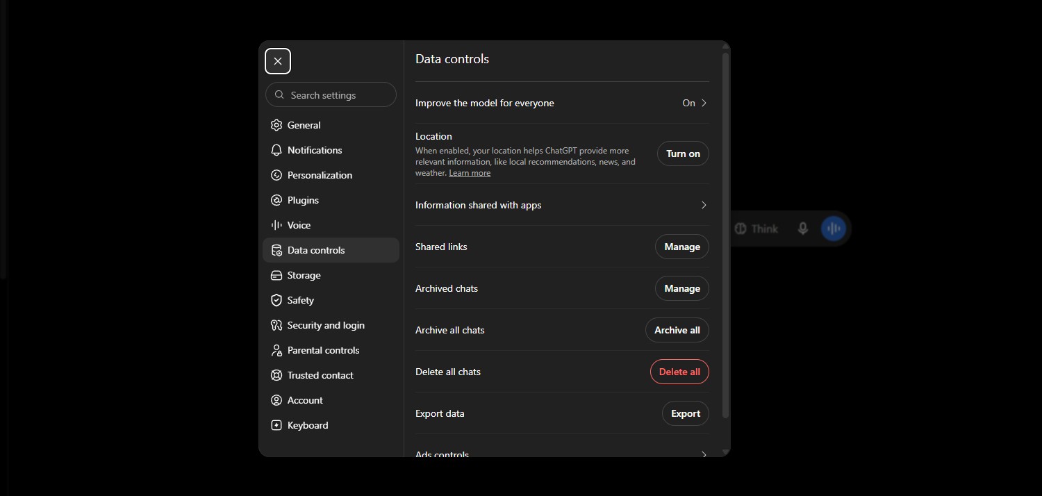 ChatGPT Data Controls menu showing the Improve the model for everyone toggle, part of the safe way to use AI tools