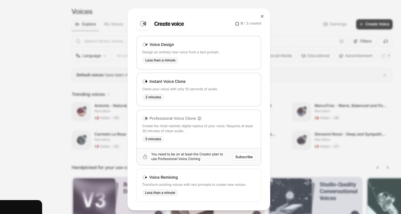 Menu Add a New Voice con Instant e Professional Voice Cloning