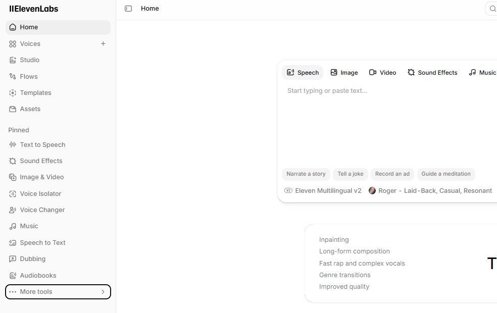 How to use ElevenLabs: sidebar del dashboard con tutti i tool principali