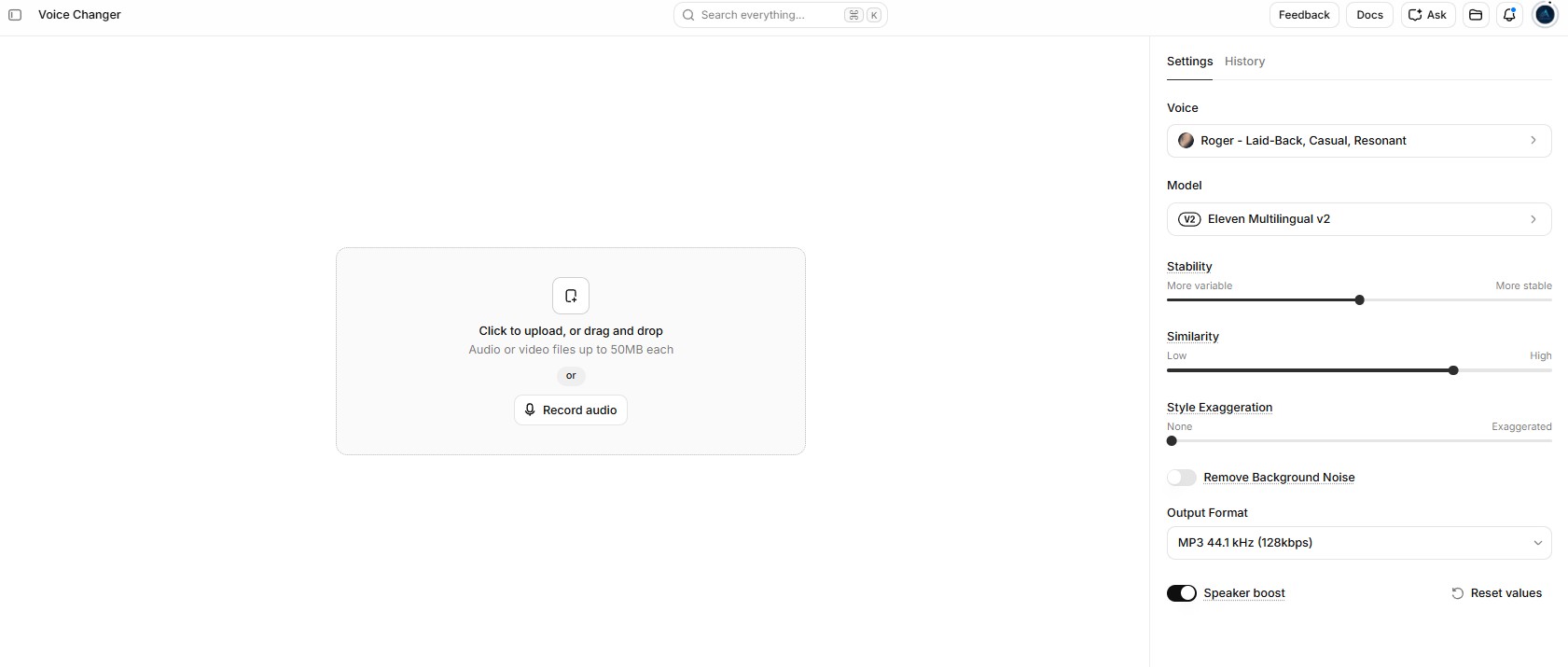 Interfaccia Voice Changer di ElevenLabs per lo speech-to-speech