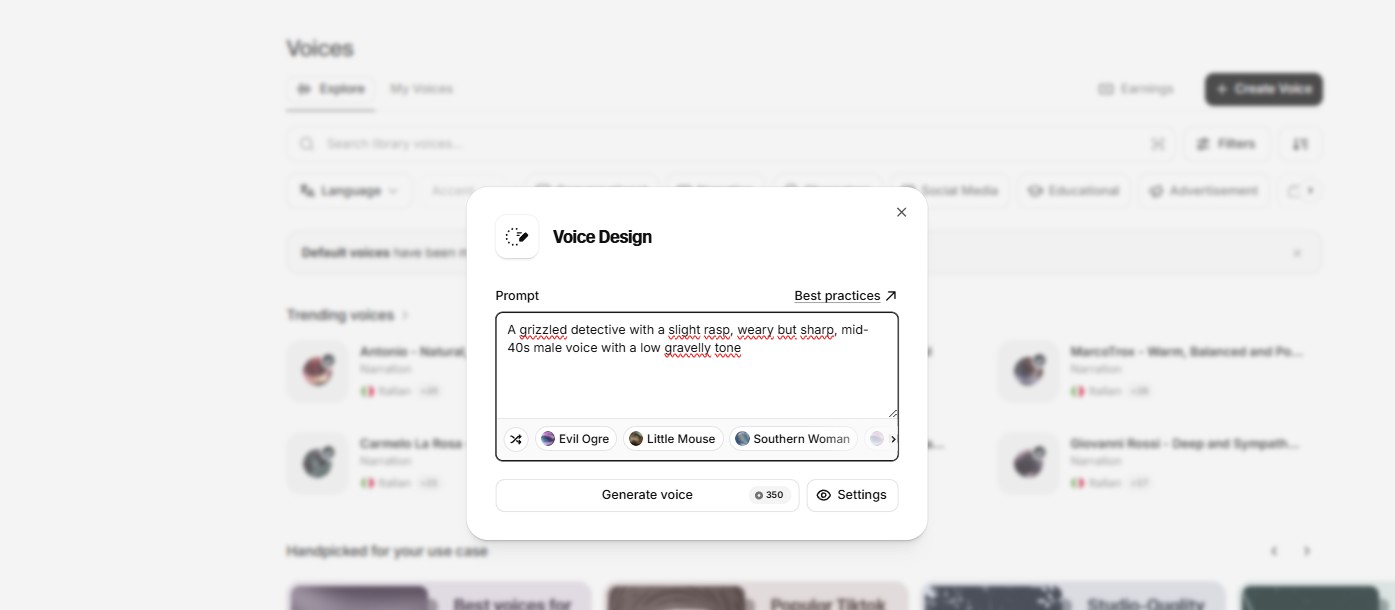 Come usare ElevenLabs Voice Design da un prompt testuale