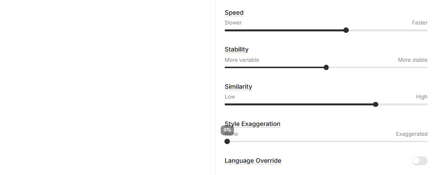 Impostazioni Stability e Similarity per la voce ElevenLabs