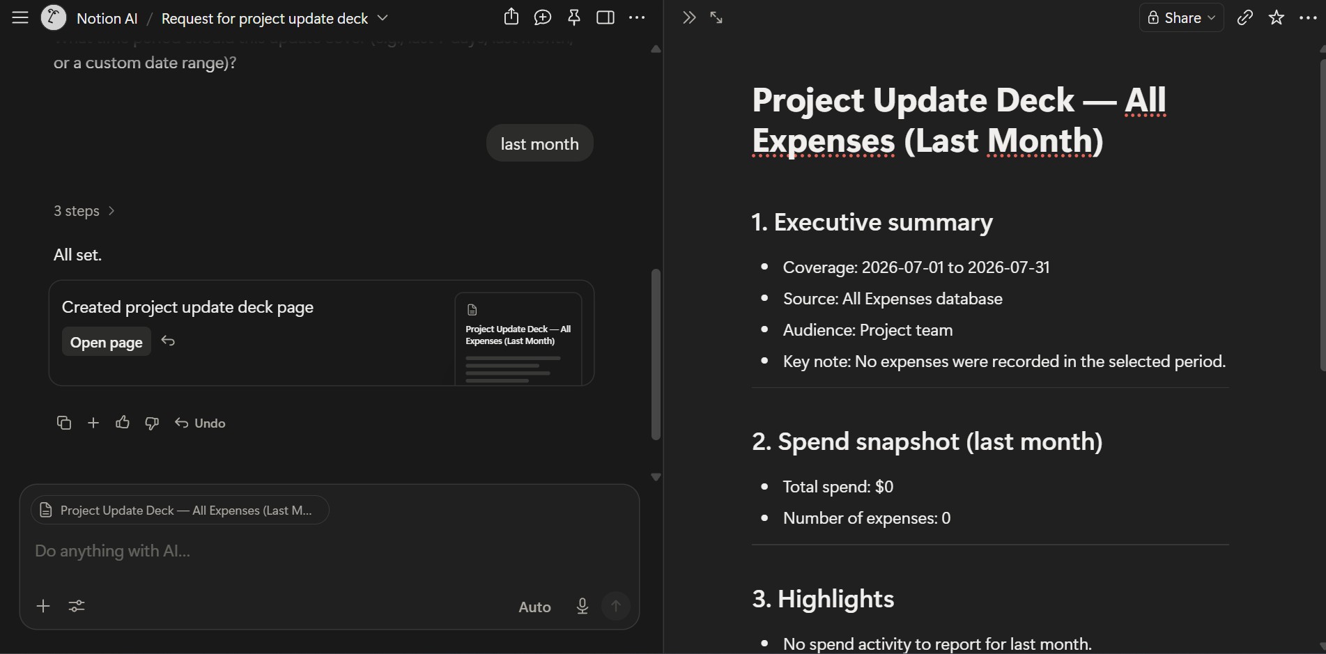 Notion AI features 2026 Agent-built expense tracking deck