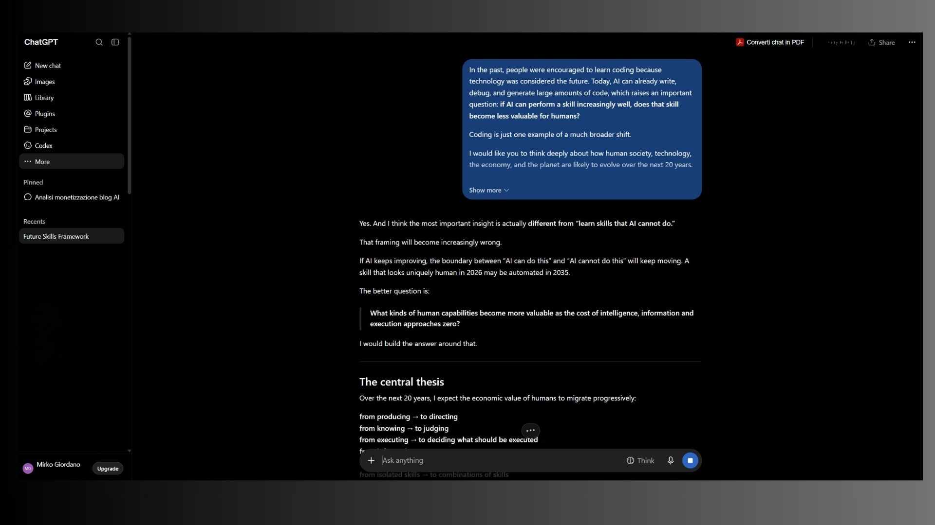 Screenshot of the AI conversation exploring future-proof skills for 2045