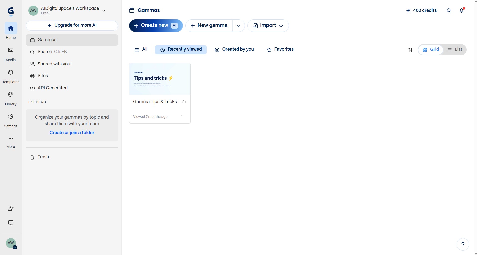 How to use Gamma AI: workspace dashboard with the Create New with AI button