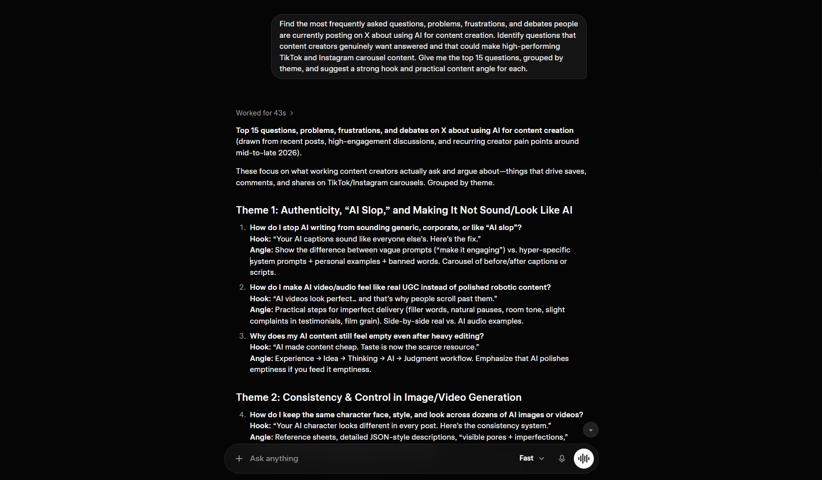 How to use Grok AI for content research showing grouped trending questions from X data
