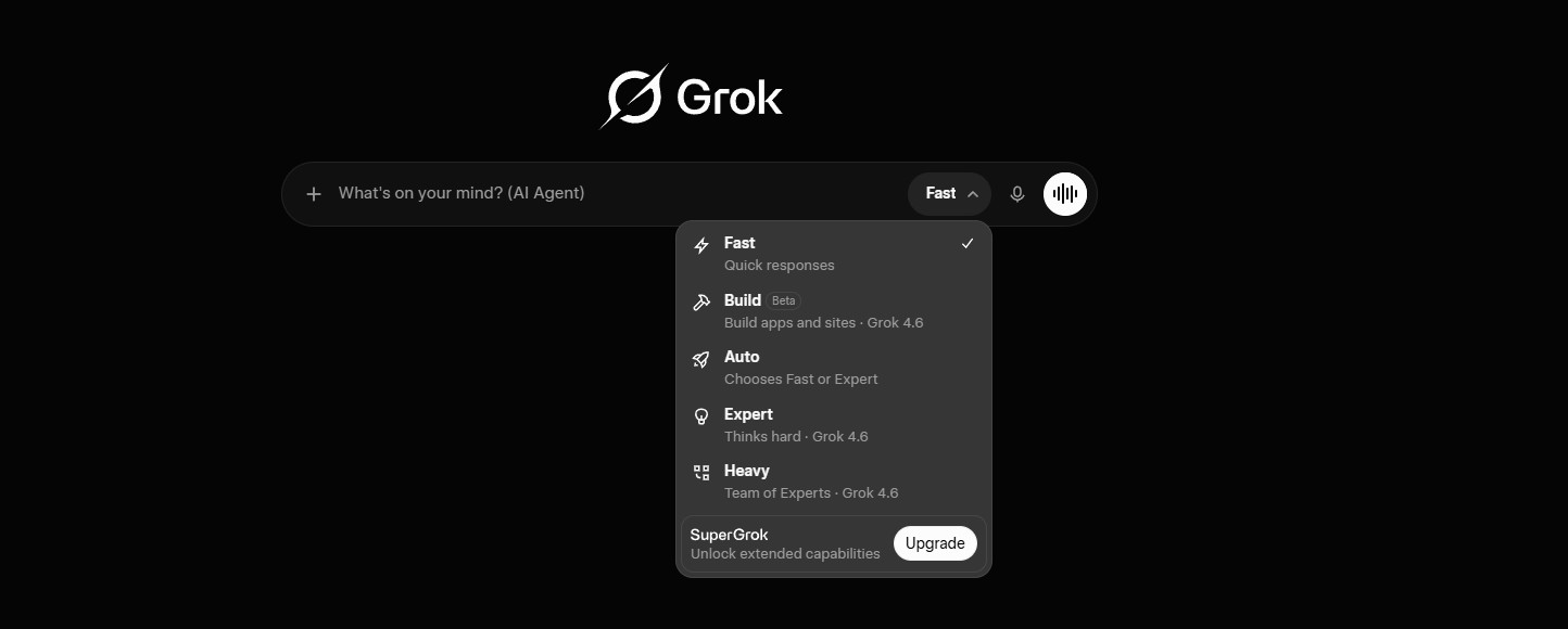 Grok AI interface showing DeepSearch and Think Mode toggle buttons for research workflows