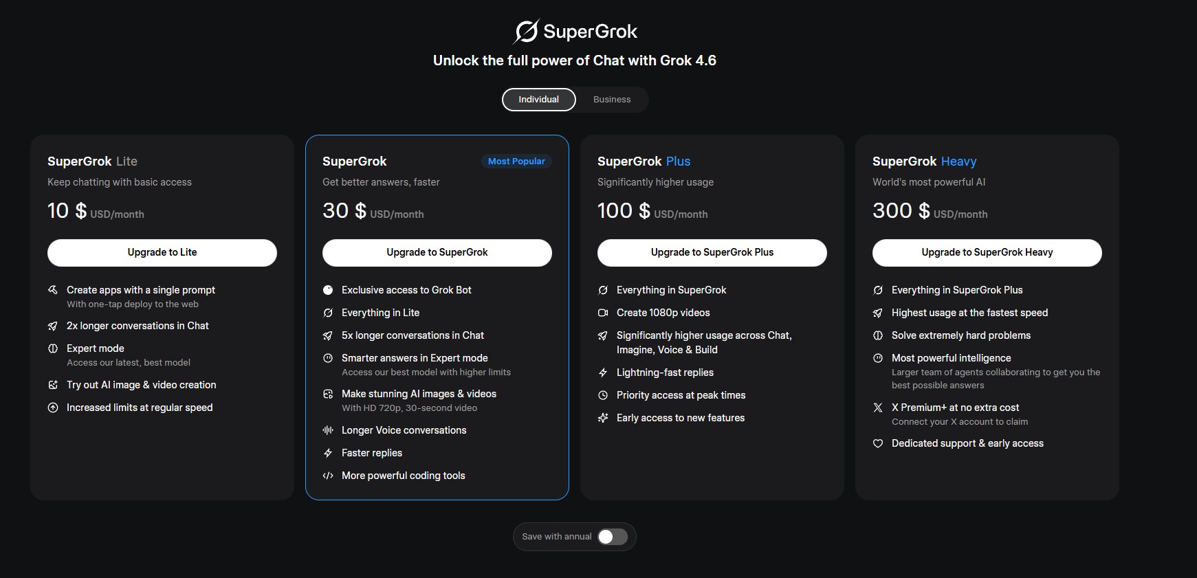 Grok AI pricing plans comparison showing free tier versus SuperGrok Lite and SuperGrok paid options