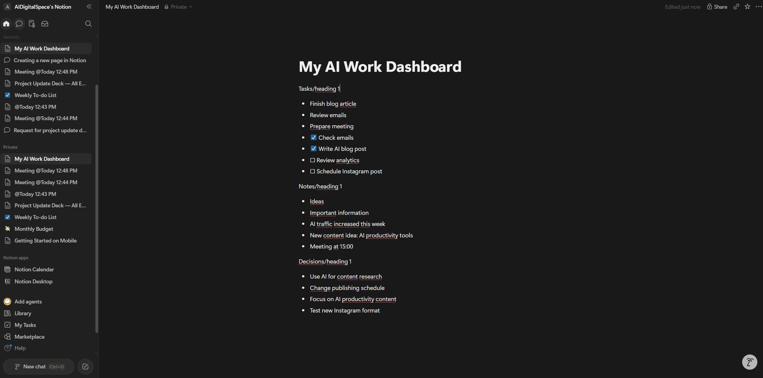 how to use Notion AI during a real workday dashboard example