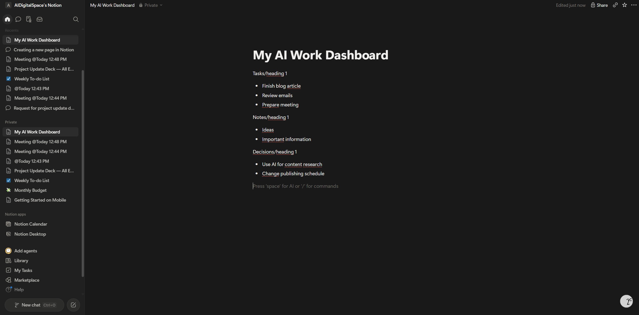 how to use Notion AI three section dashboard tasks notes decisions