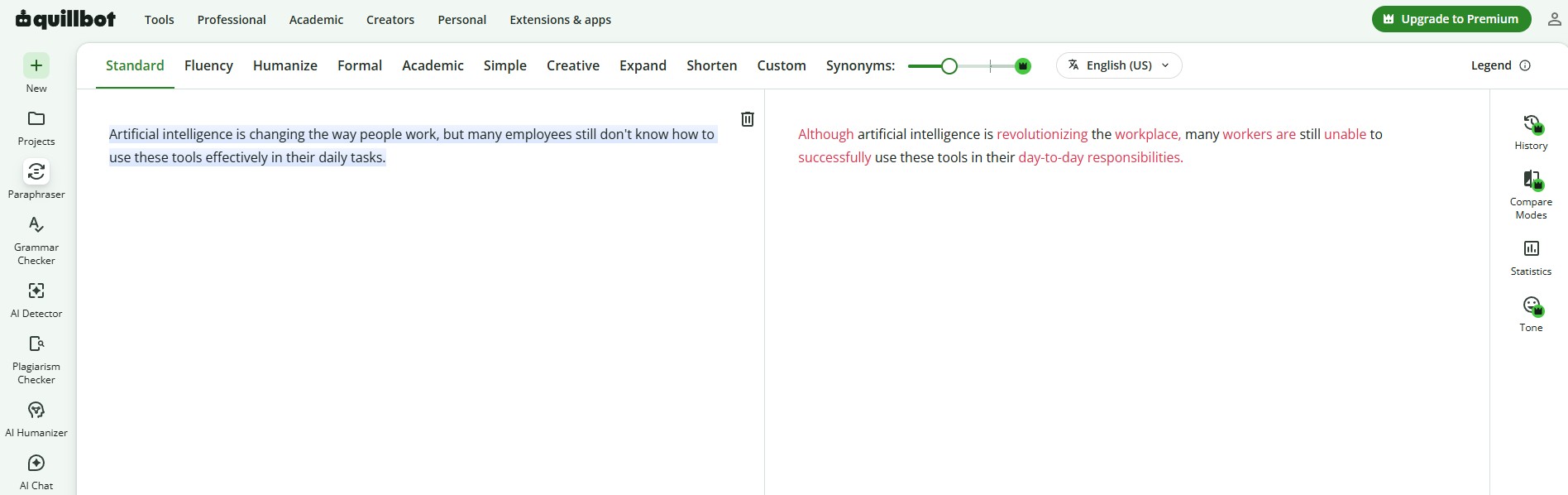 QuillBot's paraphrasing tool, one of the AI tools for students for polishing essays