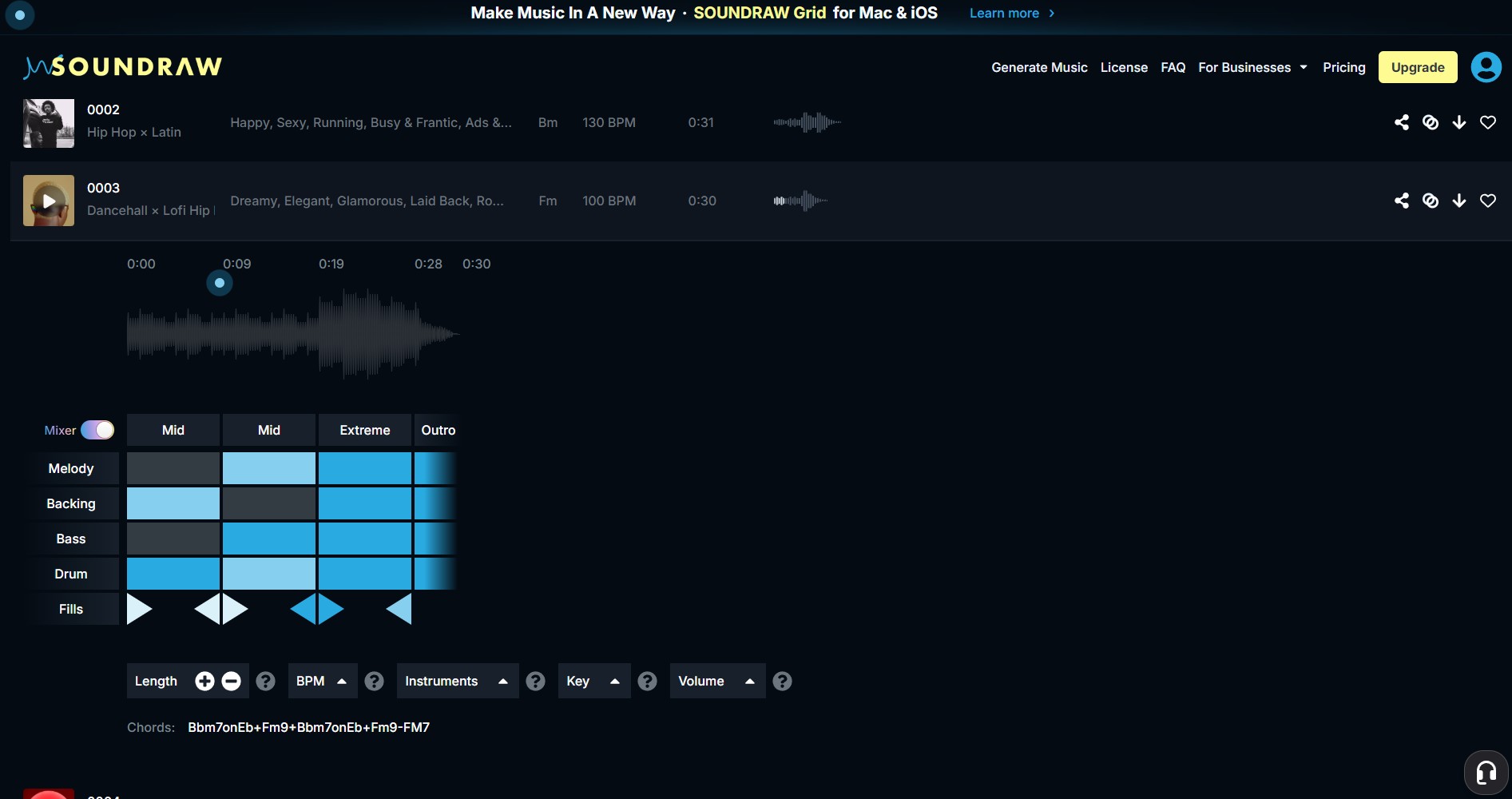 Soundraw AI music mixer interface showing visual bar editor with genre and mood controls