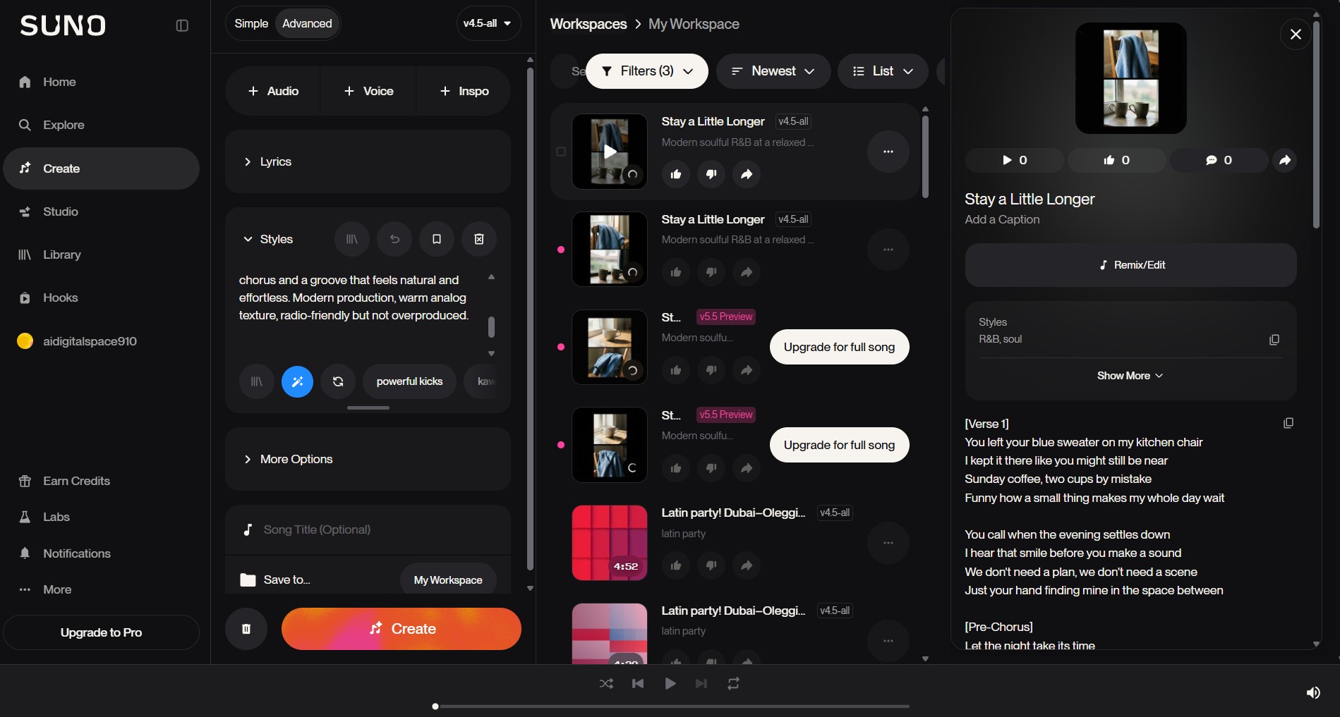 Suno AI music generator showing a completed song with lyrics, vocal track, and playback controls