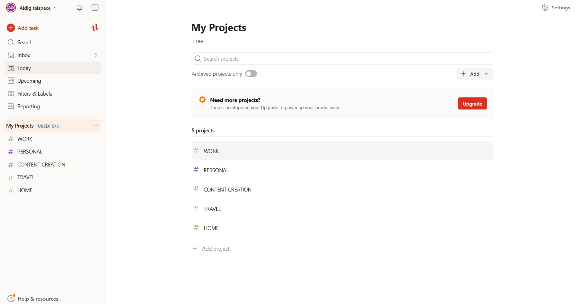 Todoist's project view, one of the AI tools for students for tracking deadlines
