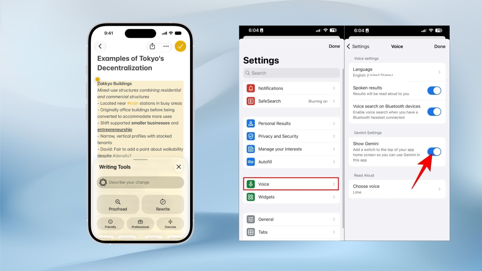 Apple Intelligence Writing Tools and Google Gemini settings shown side by side on an iPhone and Android home screen