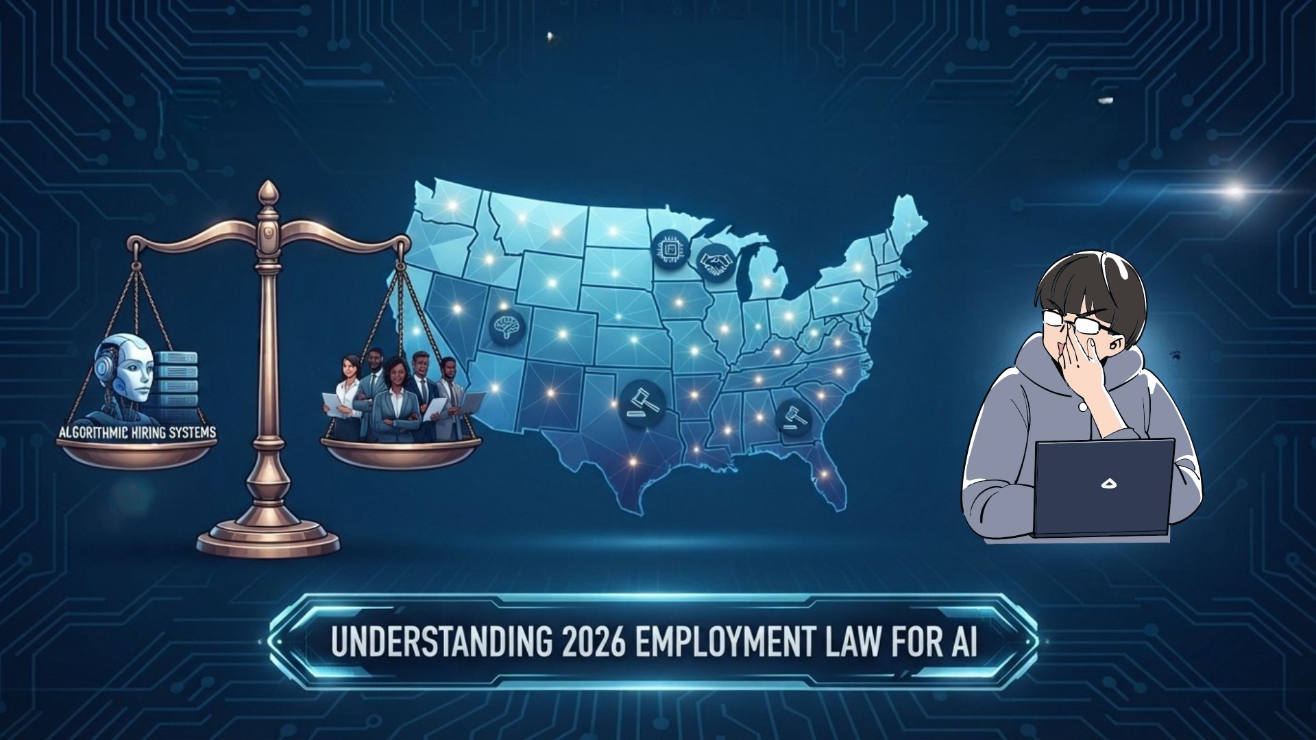 Simplified US map graphic paired with a scales-of-justice icon representing 2026 AI bias and hiring laws