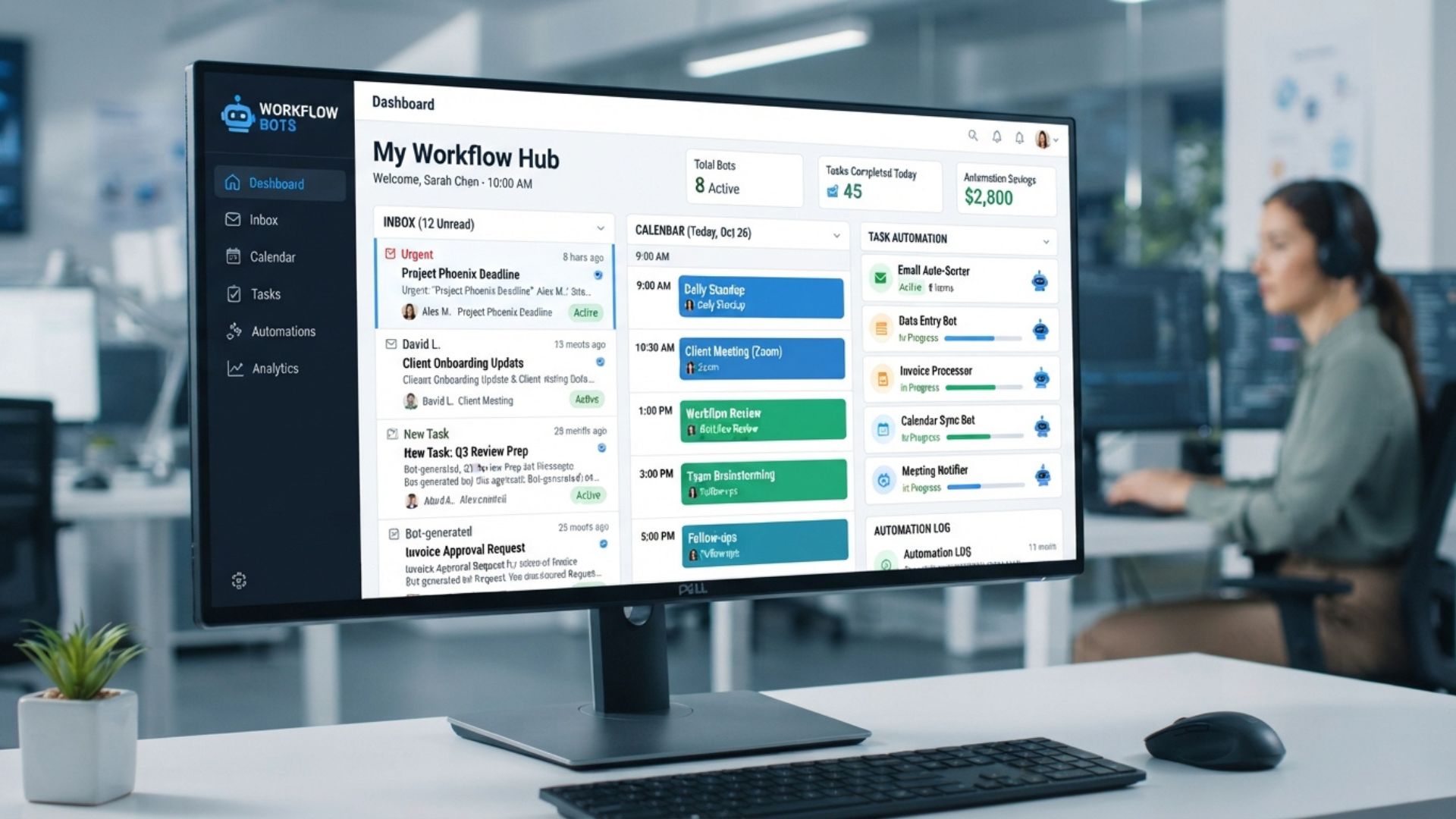 AI workflow bots dashboard showing inbox, calendar and task automation