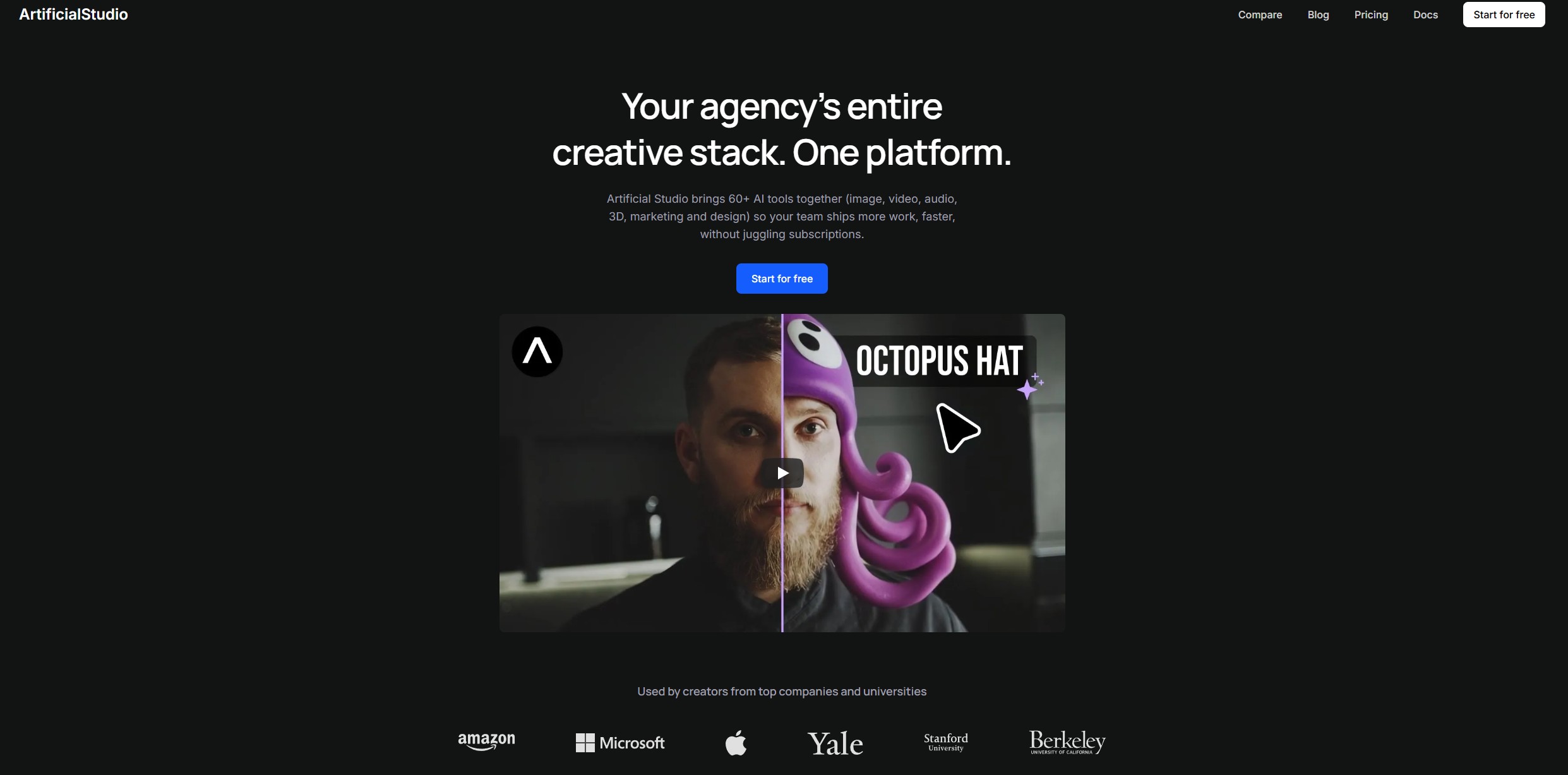 Artificial Studio homepage, an all-in-one AI tool for image, video, and audio creation