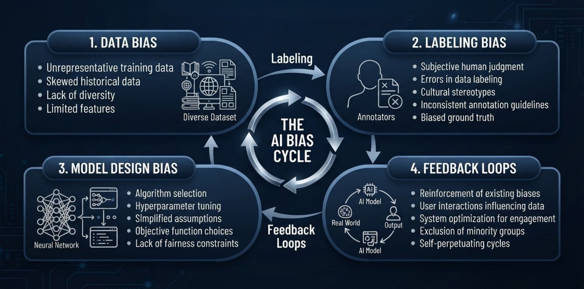 Diagram of the four sources of bias in AI training: data, labeling, feedback loops, and model design