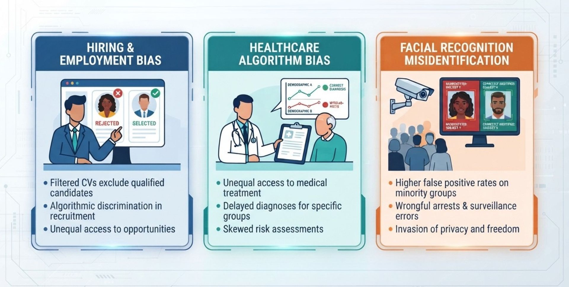 Icons representing where bias in AI training causes real harm: hiring, healthcare, and facial recognition