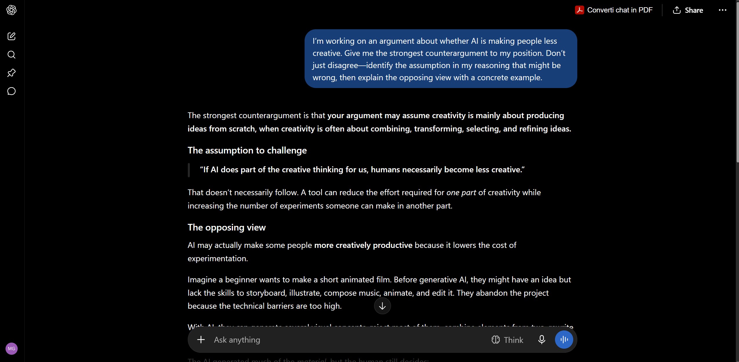 Screenshot of a ChatGPT conversation showing a prompt asking for a counterargument, one of the tips from this ChatGPT brain study guide