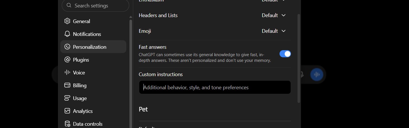 ChatGPT Custom Instructions setup with example preferences filled in