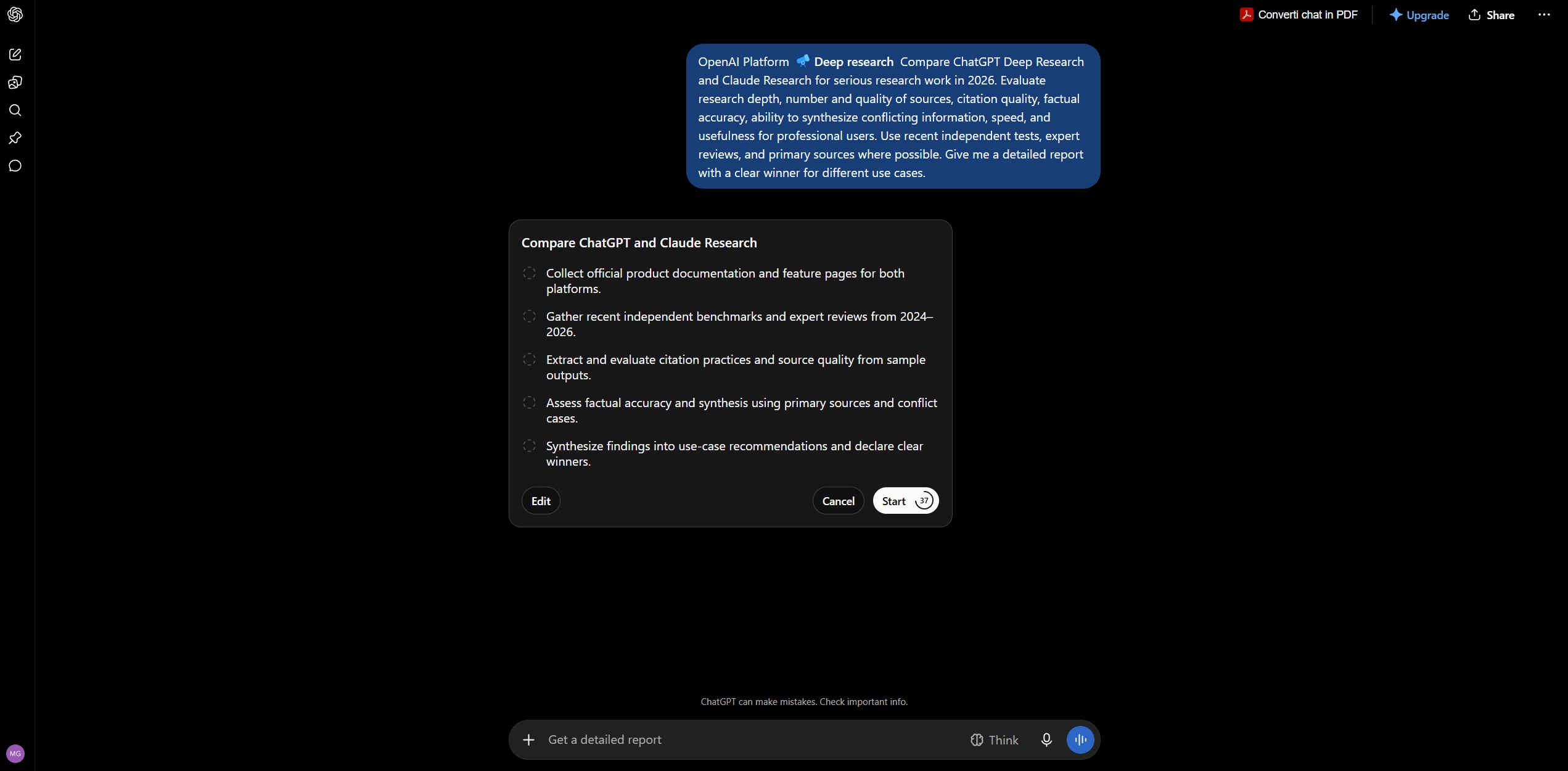 ChatGPT Deep Research report screen, the OpenAI side of the Deep Research vs Claude comparison