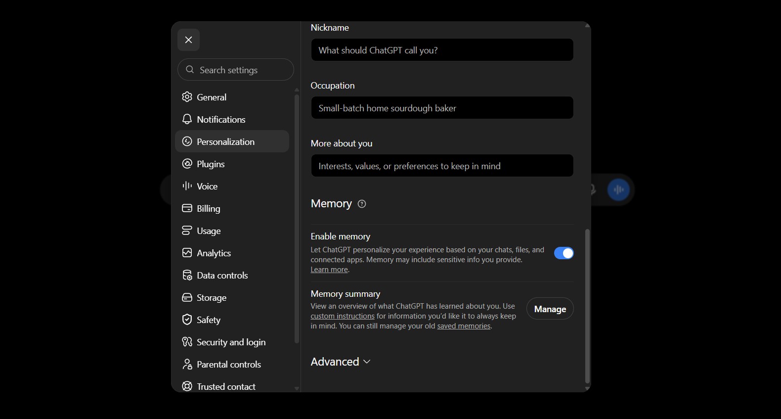 ChatGPT Memory settings panel showing saved user preferences