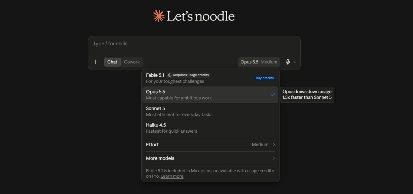 Claude AI model picker showing Sonnet 5 and Opus 5.5