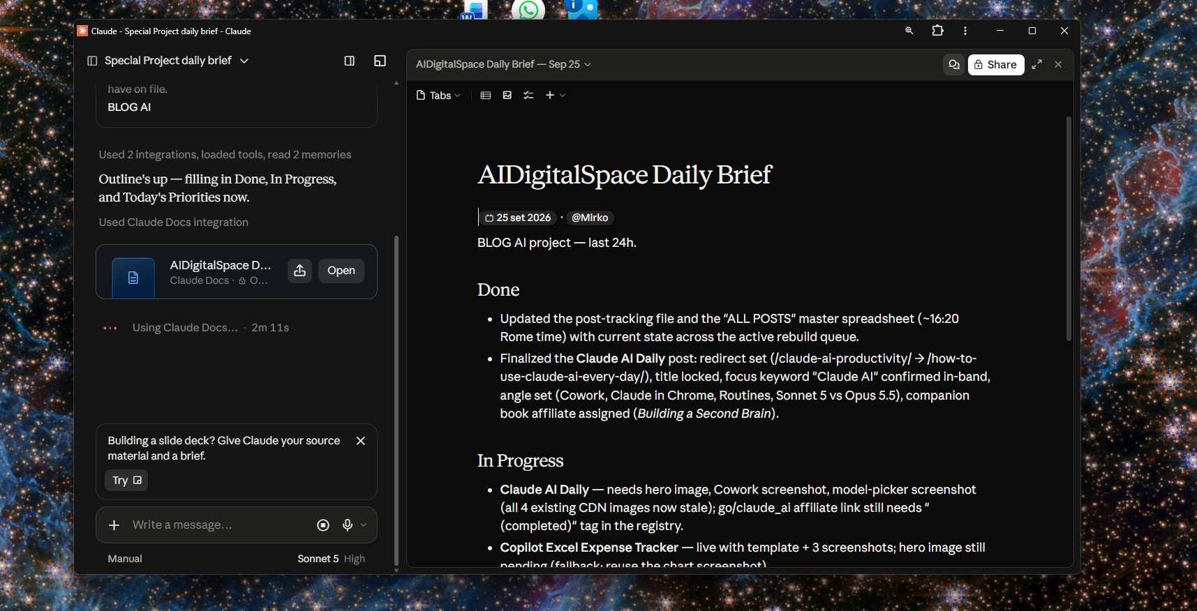 Claude AI's Cowork agentic desktop app running a daily briefing task