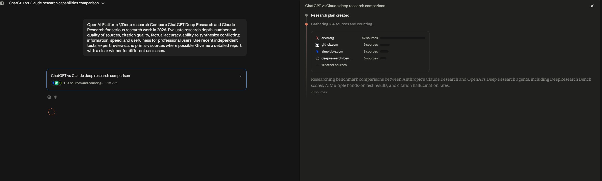 Claude Research mode interface, the Claude side of the Deep Research vs Claude comparison