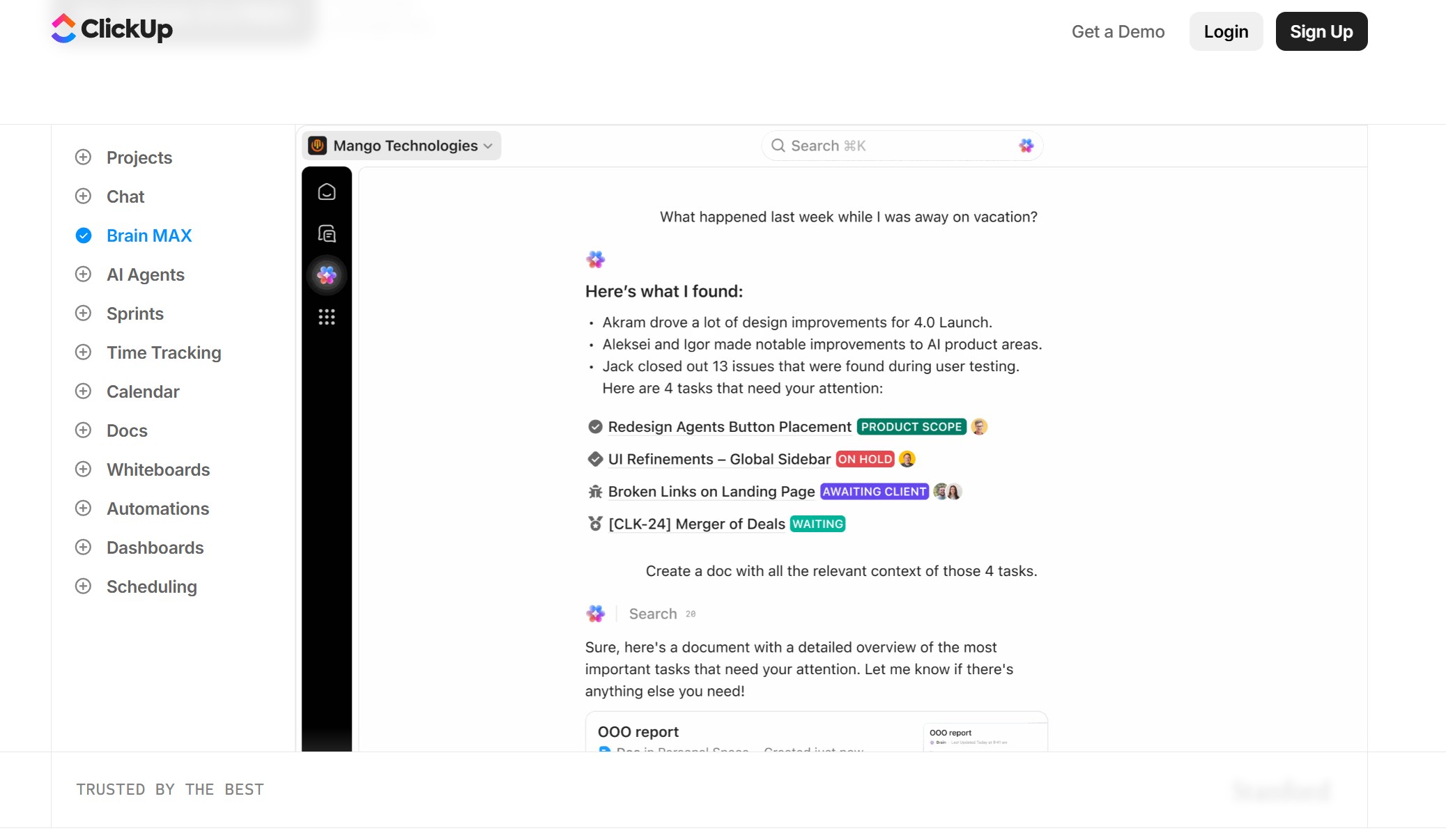 ClickUp AI demo page for one of the best all-in-one AI tools for team project management