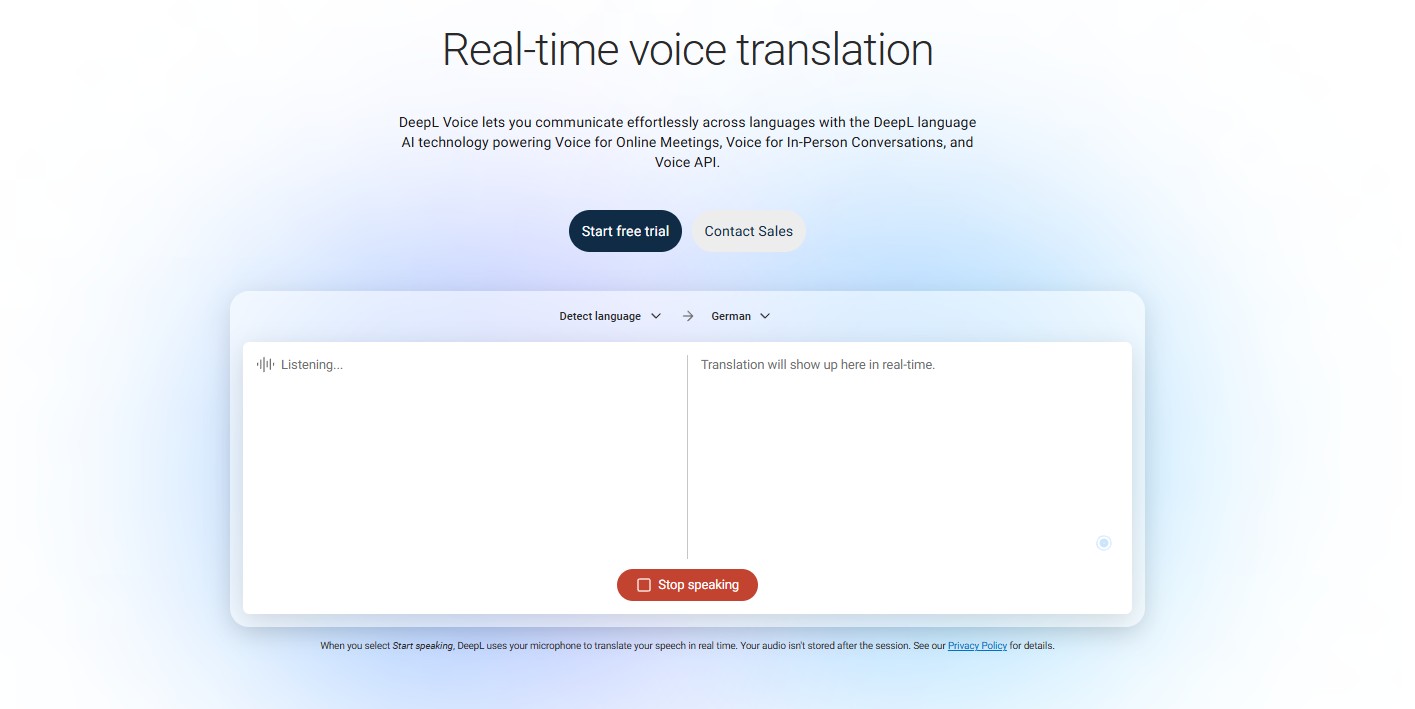 DeepL review screenshot of the new Voice-to-Voice real-time translation interface