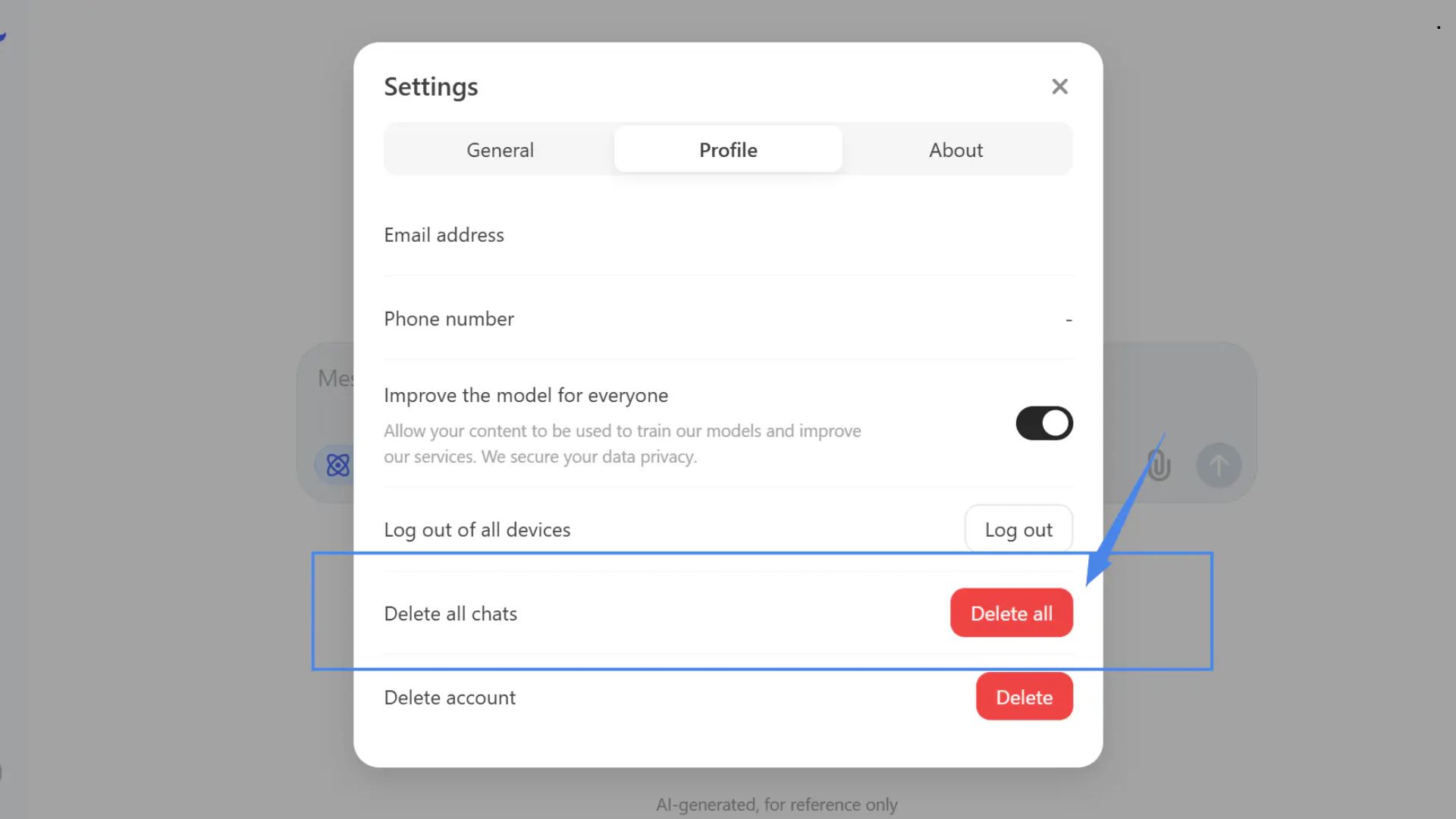 DeepSeek settings screen with the option to delete all chat history