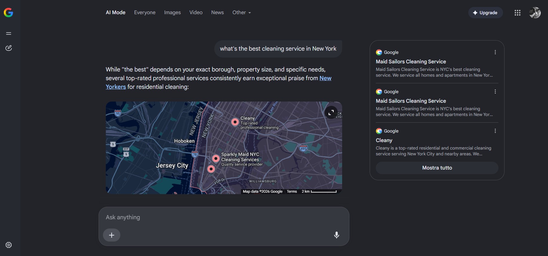 Google AI Mode results showing how a business can appear in AI search