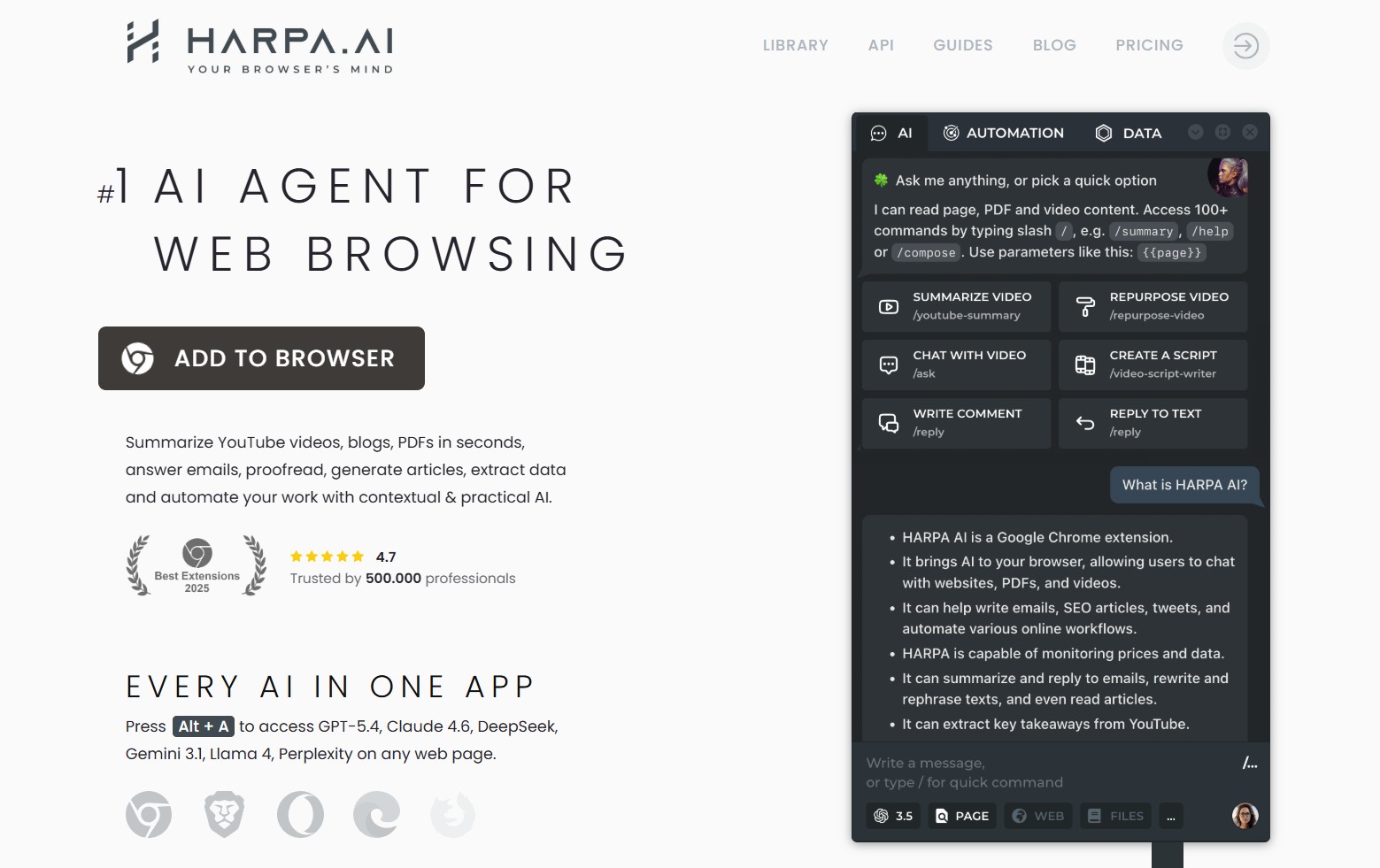 HARPA AI, one of the best AI Chrome extensions for automation, summarizing a webpage in its sidebar