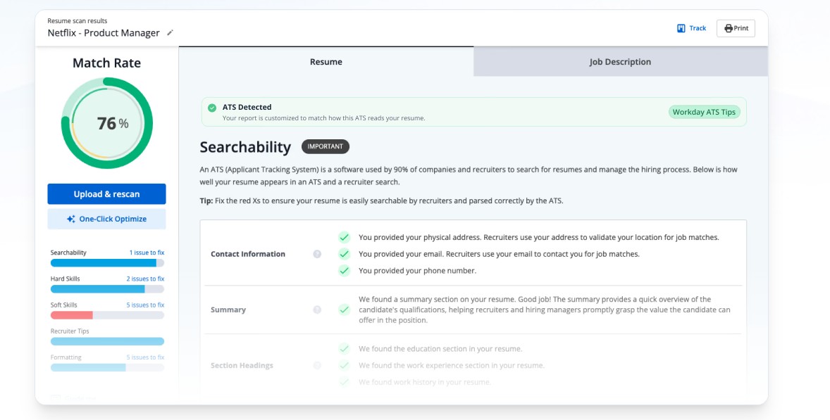 Jobscan AI resume tools ATS match score screenshot