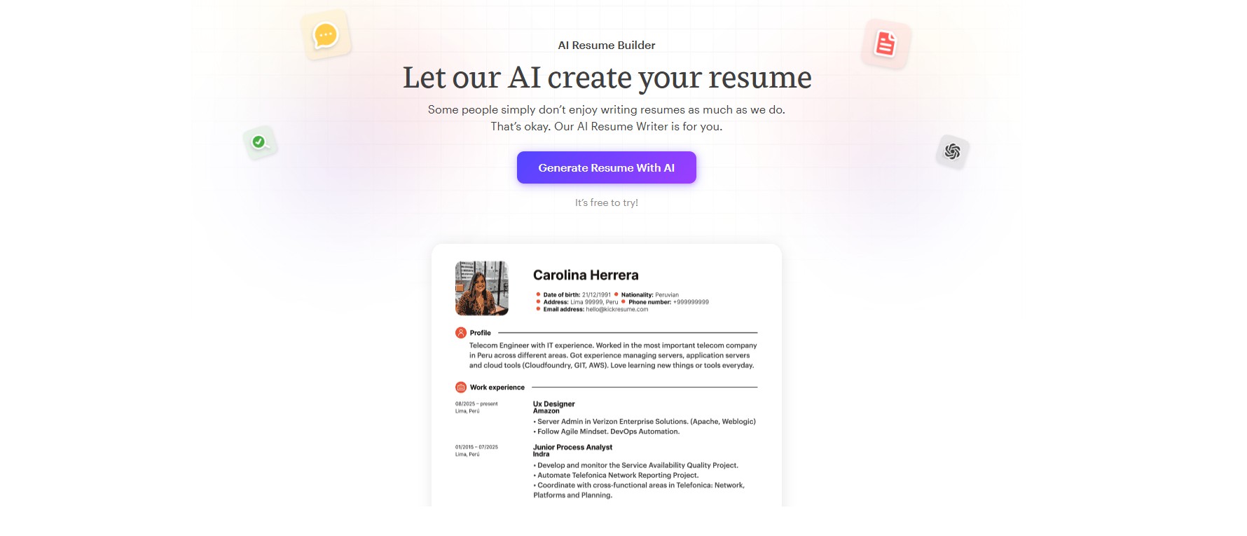 Kickresume AI resume tools writer generating resume bullet points