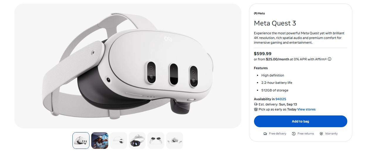 Meta Quest 3 official product page showing current 2026 price, used in the Meta Quest 3 vs Apple Vision Pro comparison