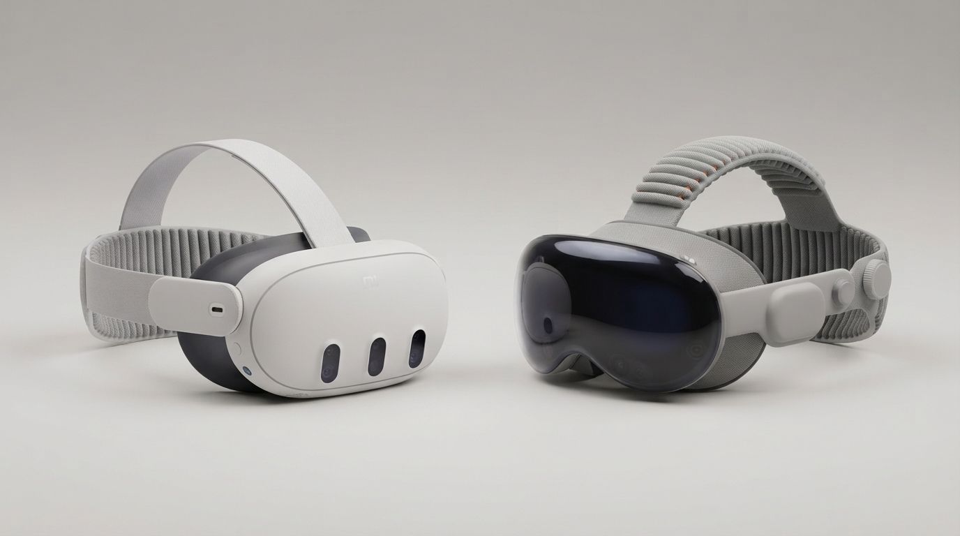 Meta Quest 3 and Apple Vision Pro headsets side by side, showing the weight and design difference