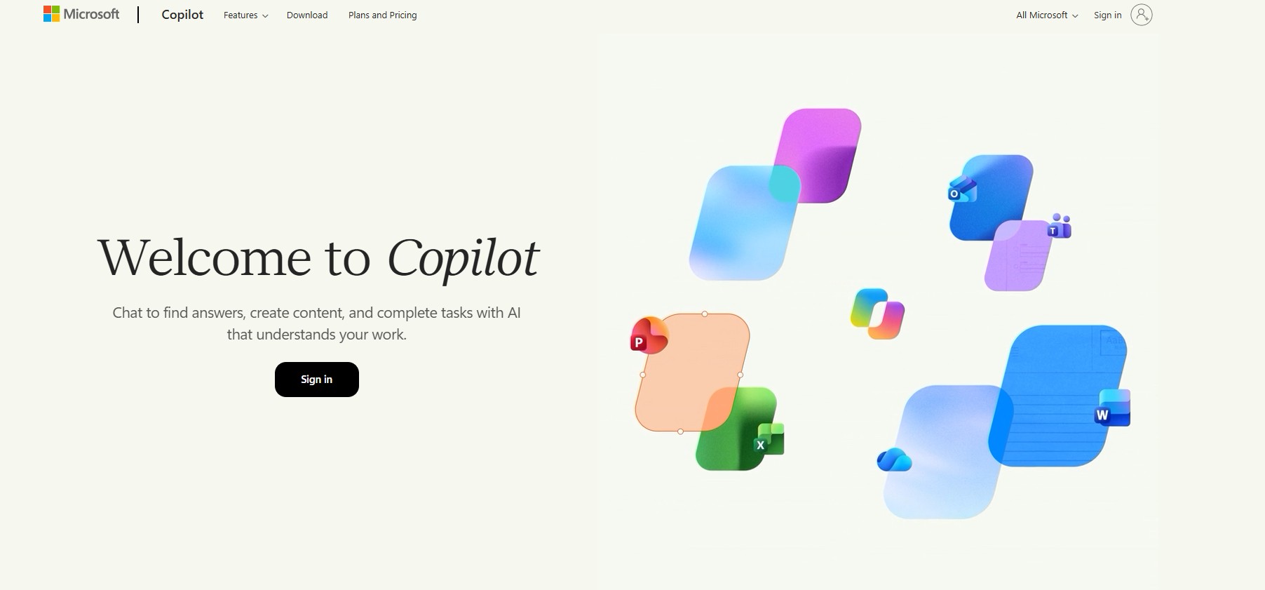 Microsoft Copilot home screen, an all-in-one AI tool for Microsoft 365 teams
