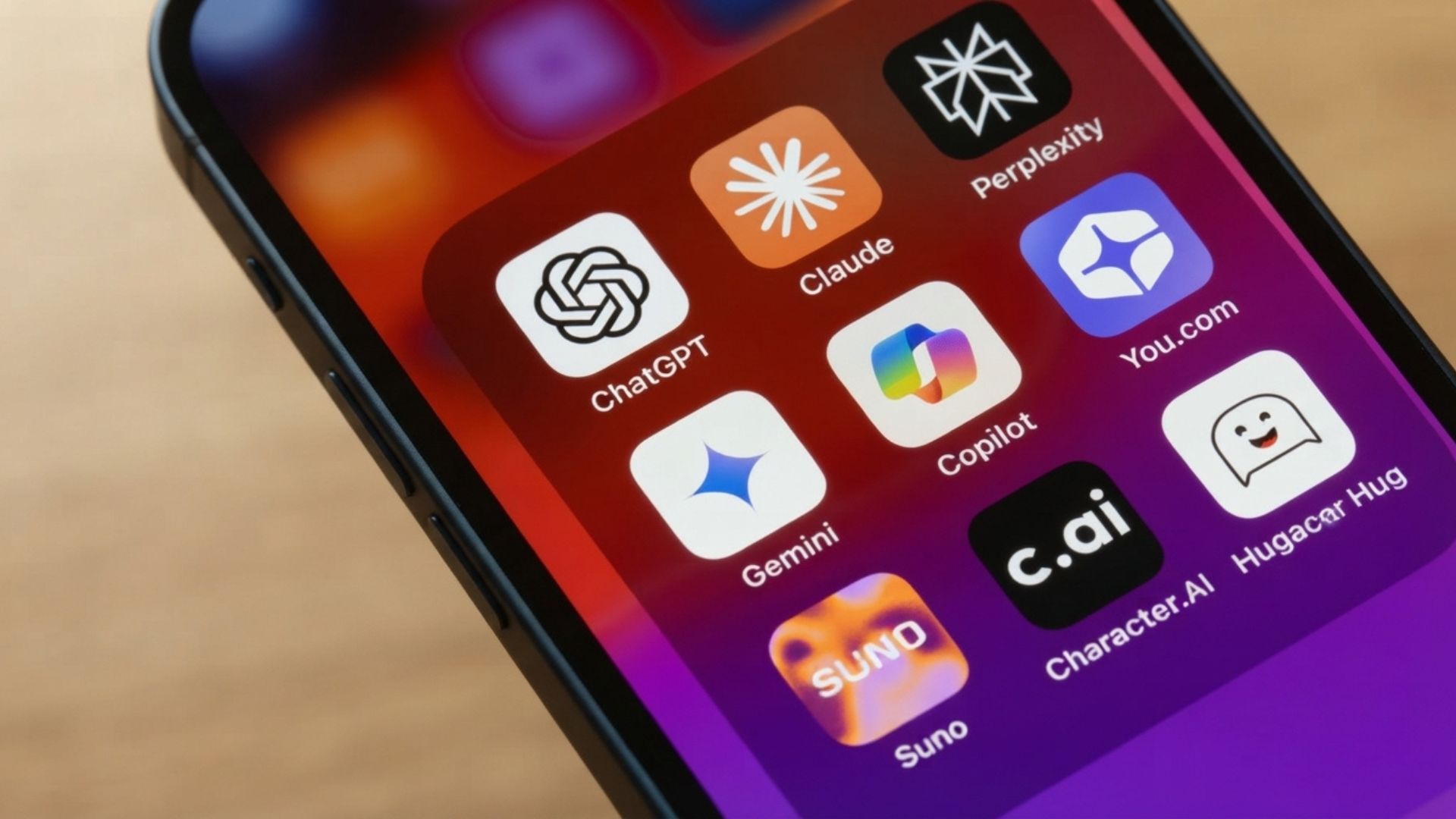Mirko's phone home screen folder showing the AI apps for mobile still installed in 2026