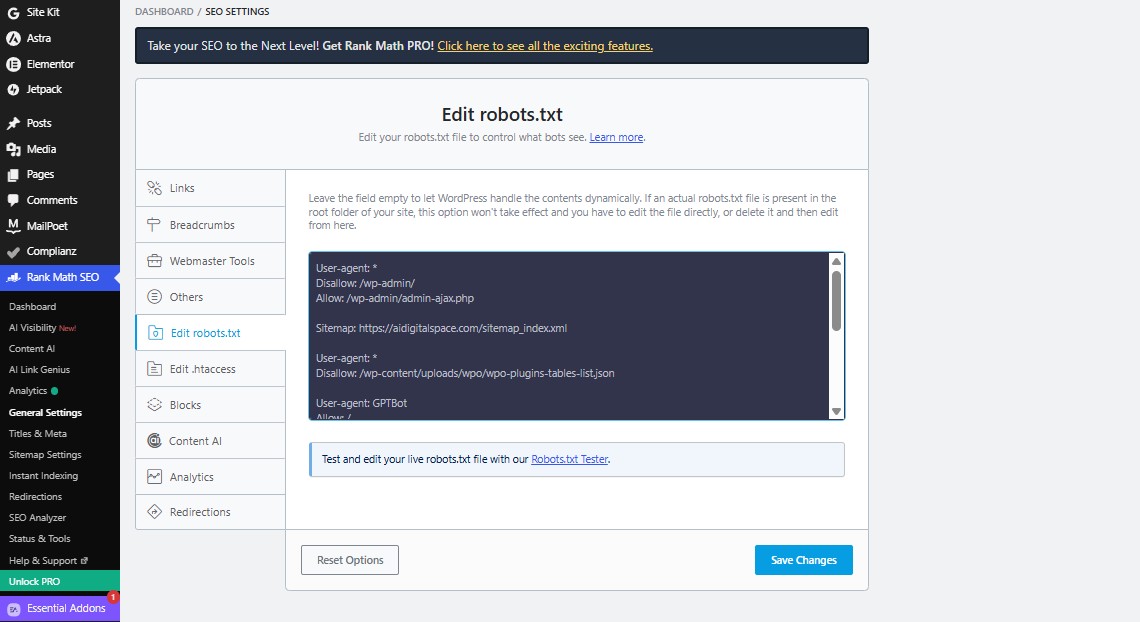 Rank Math robots.txt settings — checking crawler access so your site can appear in AI search